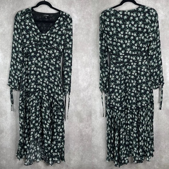 Intermix Floral Long Sleeve Silk Tiered Dress In Black Green Women's Size 2 - Picture 2 of 13
